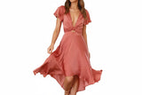 Damen Midikleid mit Kurzen Ärmeln, Frontbindung und Asymmetrischem Saum – Rosa