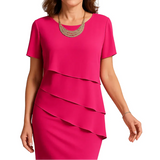 Damen Midikleid mit kurzen Ärmeln, Rundhalsausschnitt und asymmetrischen Lagen – Magenta