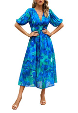 Damen Midikleid mit Print und Puffärmeln – Blau