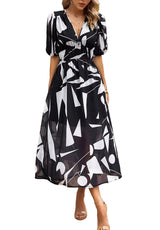 Damen Midikleid mit Print und Puffärmeln – Schwarz