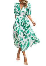 Damen Midikleid mit Print und Puffärmeln – Grun