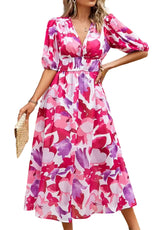 Damen Midikleid mit Print und Puffärmeln – Rosa