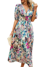 Damen Midikleid mit Print und Puffärmeln – Meerkleurig