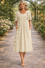 Damen Midikleid mit Rundhalsausschnitt kurzen Ärmeln Streifenmuster und Seitentaschen – Beige