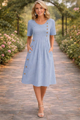 Damen Midikleid mit Rundhalsausschnitt kurzen Ärmeln Streifenmuster und Seitentaschen – Blau