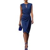 Damen Midikleid mit Schlüssellochausschnitt und Raffung – DunkelBlau