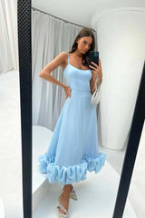 Damen Midikleid mit Spaghettiträgern Gerader Halspartie und Rüschensaum – Blau