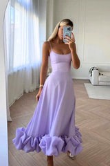 Damen Midikleid mit Spaghettiträgern Gerader Halspartie und Rüschensaum – Lila
