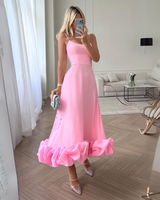 Damen Midikleid mit Spaghettiträgern Gerader Halspartie und Rüschensaum – Rosa