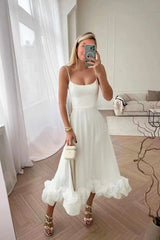 Damen Midikleid mit Spaghettiträgern Gerader Halspartie und Rüschensaum – Weiß