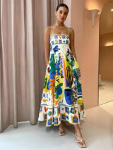 Damen Midikleid mit Spaghettiträgern und Karree-Ausschnitt mit abstraktem buntem Muster und A-Linien-Rock – Weiß mit Muster