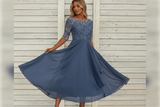 Damen MidiKleid mit Spitzenoberteil und ausgestelltem Rock – Blau
