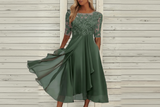 Damen MidiKleid mit Spitzenoberteil und ausgestelltem Rock – Grün