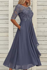 Damen MidiKleid mit Spitzenoberteil und ausgestelltem Rock – Grau