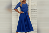 Damen MidiKleid mit Spitzenoberteil und ausgestelltem Rock – Dunkelblau