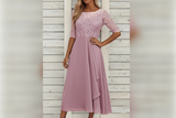 Damen MidiKleid mit Spitzenoberteil und ausgestelltem Rock – Rosa