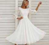 Damen MidiKleid mit Spitzenoberteil und ausgestelltem Rock – Beige