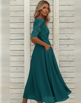 Damen MidiKleid mit Spitzenoberteil und ausgestelltem Rock – Türkisblau