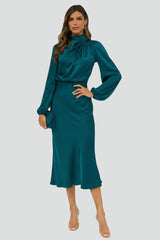 Damen Midikleid mit Stehkragen und langen Ärmeln – Dunkelgrün