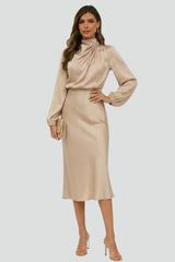 Damen Midikleid mit Stehkragen und langen Ärmeln – Beige