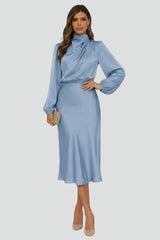 Damen Midikleid mit Stehkragen und langen Ärmeln – Hellblau