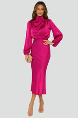 Damen Midikleid mit Stehkragen und langen Ärmeln – Rosa
