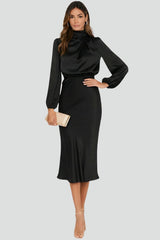 Damen Midikleid mit Stehkragen und langen Ärmeln – Schwarz