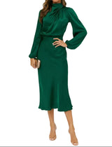 Damen Midikleid mit Stehkragen und langen Ärmeln – Grün