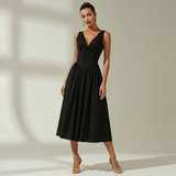 Damen Midikleid mit tiefem V-Ausschnitt und ärmellosem Oberteil – Schwarz