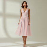 Damen Midikleid mit tiefem V-Ausschnitt und ärmellosem Oberteil – Rosa