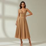 Damen Midikleid mit tiefem V-Ausschnitt und ärmellosem Oberteil – Braun