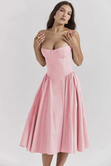 Damen Midikleid mit Trägern und strukturiertem Oberteil – Rosa