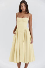 Damen Midikleid mit Trägern und strukturiertem Oberteil – Buttergelb