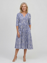 Damen Midikleid mit V-Ausschnitt Dreiviertelärmeln und Blumenmuster – Blau