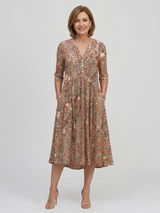 Damen Midikleid mit V-Ausschnitt Dreiviertelärmeln und Blumenmuster – Braun