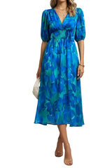 Damen Midikleid mit V-Ausschnitt, elastischer Taille und Puffärmeln – blau