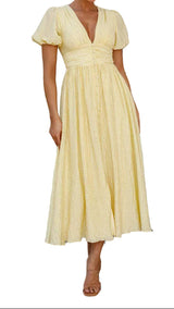 Damen Midikleid mit V-Ausschnitt, Knopfleiste, Puffärmeln und geraffter Taillennaht – Buttergelb