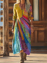 Damen Midikleid mit V-Ausschnitt langen Ärmeln und mehrfarbigem Patchworkmuster – Mehrfarbig