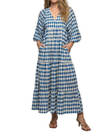 Damen Midikleid mit V-Ausschnitt und gestufter Struktur – Blau