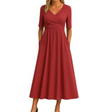 Damen-Midikleid mit Wickeloberteil und kurzen Ärmeln – Rot