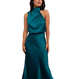 Damen Midikleid ohne Ärmel mit drapiertem Stehkragen – Türkisblau