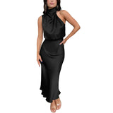 Damen Midikleid ohne Ärmel mit drapiertem Stehkragen – Schwarz