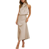 Damen Midikleid ohne Ärmel mit drapiertem Stehkragen – Beige