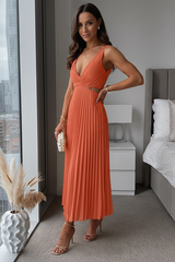 Damen Midikleid ohne Ärmel mit V-Ausschnitt und Taillenausschnitten – Orange