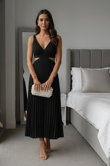 Damen Midikleid ohne Ärmel mit V-Ausschnitt und Taillenausschnitten – Schwarz