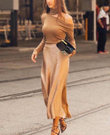 Damen Midirock mit A-Linien-Form und Hoher Taille – Goldbeige