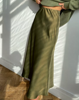 Damen Midirock mit A-Linien-Form und Hoher Taille – Olivgrün