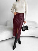 Damen Midirock mit Frontschlitz und Gürtelschlaufen – Burgund