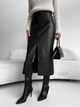 Damen Midirock mit Frontschlitz und Gürtelschlaufen – Schwarz