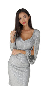 Damen Mini-Kleid mit Fransierten Ärmeln – Silber